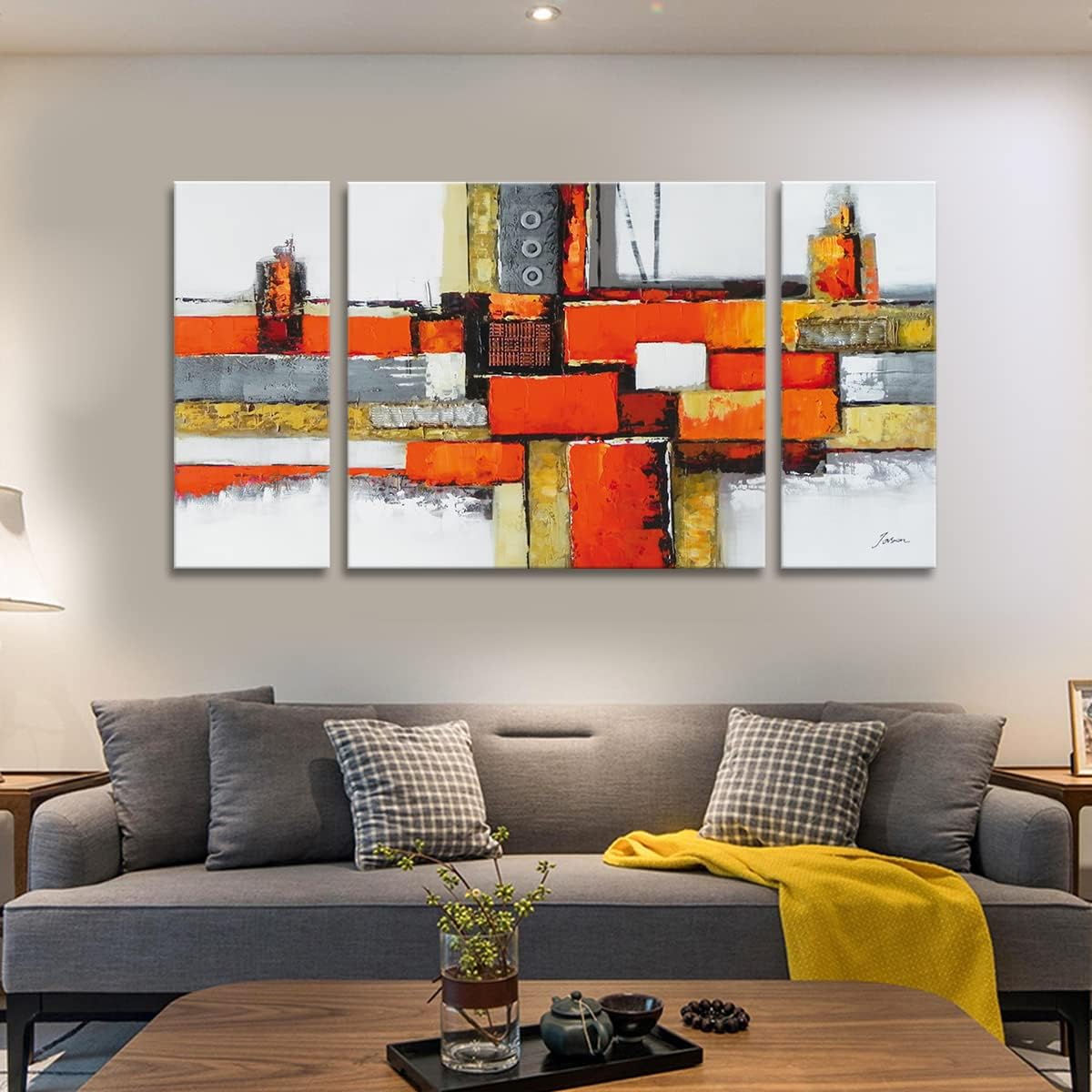 Noah Art -Arte de pared naranja, pintura al óleo 100% pintada a mano por Palette Knife Modern Pictures, 3 piezas estiradas y envueltas en galería,