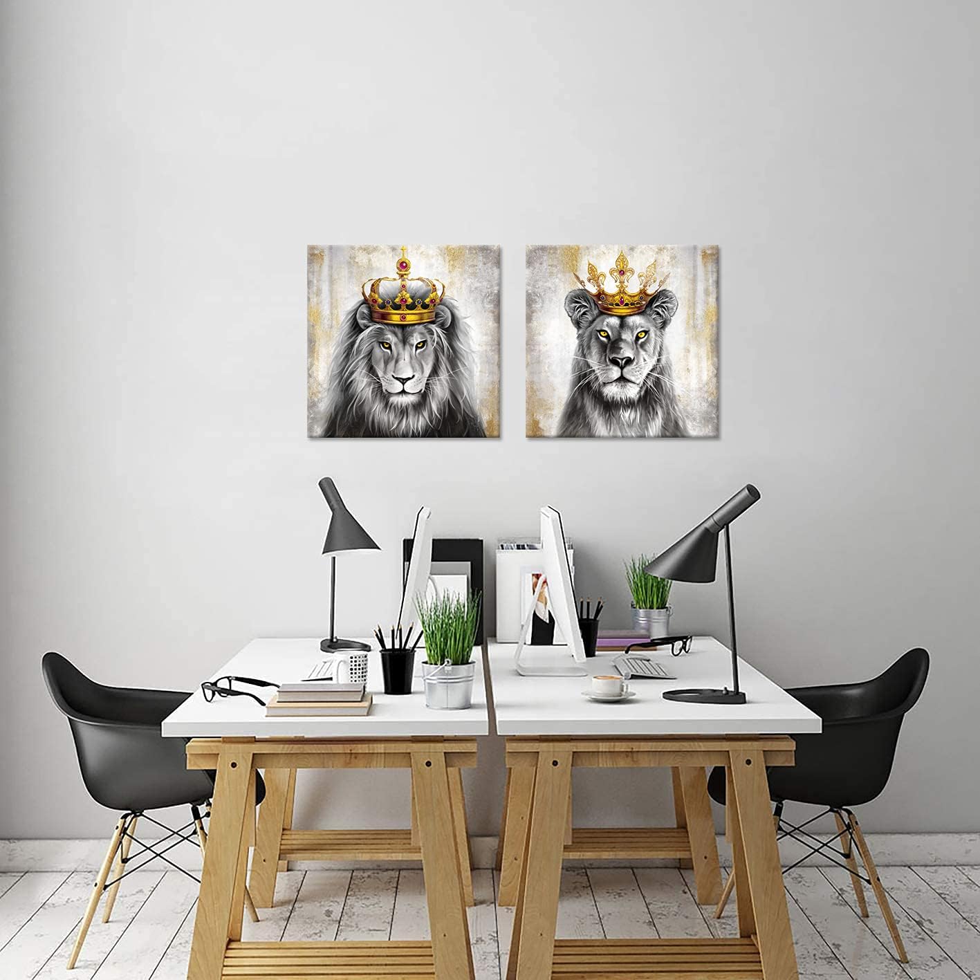 DuoBaorom 2 piezas de lienzo de león y leona de animales rey, arte de pared de león con corona dorada, imagen gris y dorada, impresión giclée,