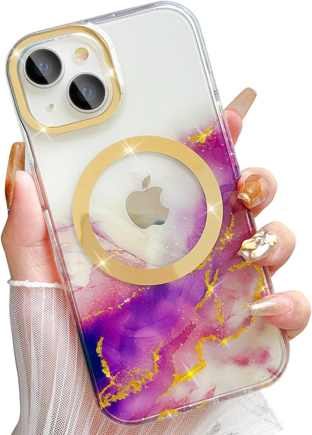 Yeddabox MagSafe – Funda compatible con iPhone 15, patrón de mármol degradado transparente con purpurina dorada para iPhone 15, funda protectora a