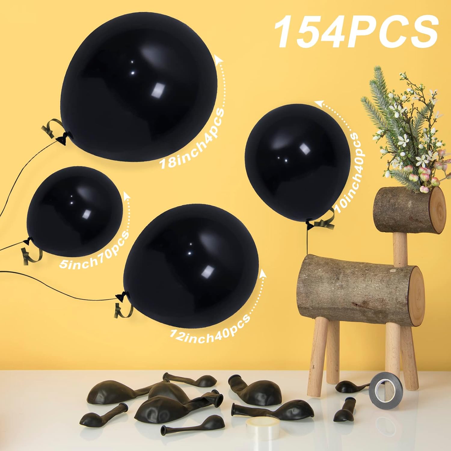 Henviro Globos de látex negro para fiesta, 154 globos de 5101218 pulgadas, globos de látex de calidad de helio como globos de fiesta de cumpleaños,