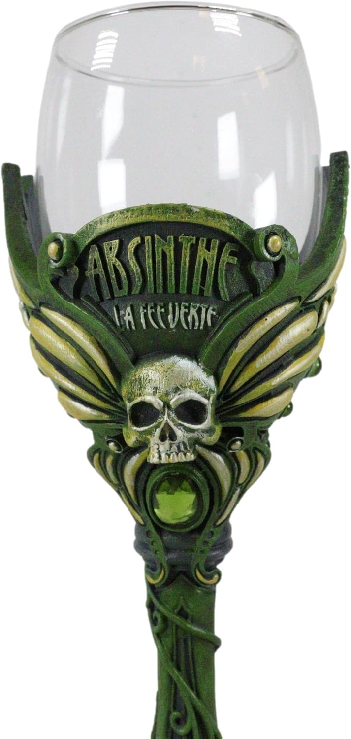 Ebros Gift Absenta de hadas bohemia parisina La Fee Verte cráneo con gema verde y tallo de vid Copa de vino Cáliz de vidrio Osario Macabra Accent
