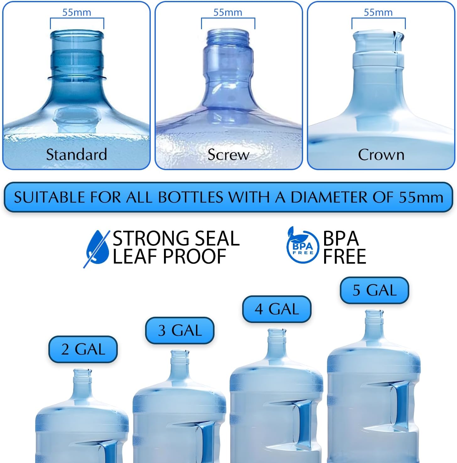 EBOS 5G-111 – Tapa para jarra de agua de 3 y 5 galones, tapa de botella de agua reutilizable, tapa de repuesto de silicona antiderrames, botellas de