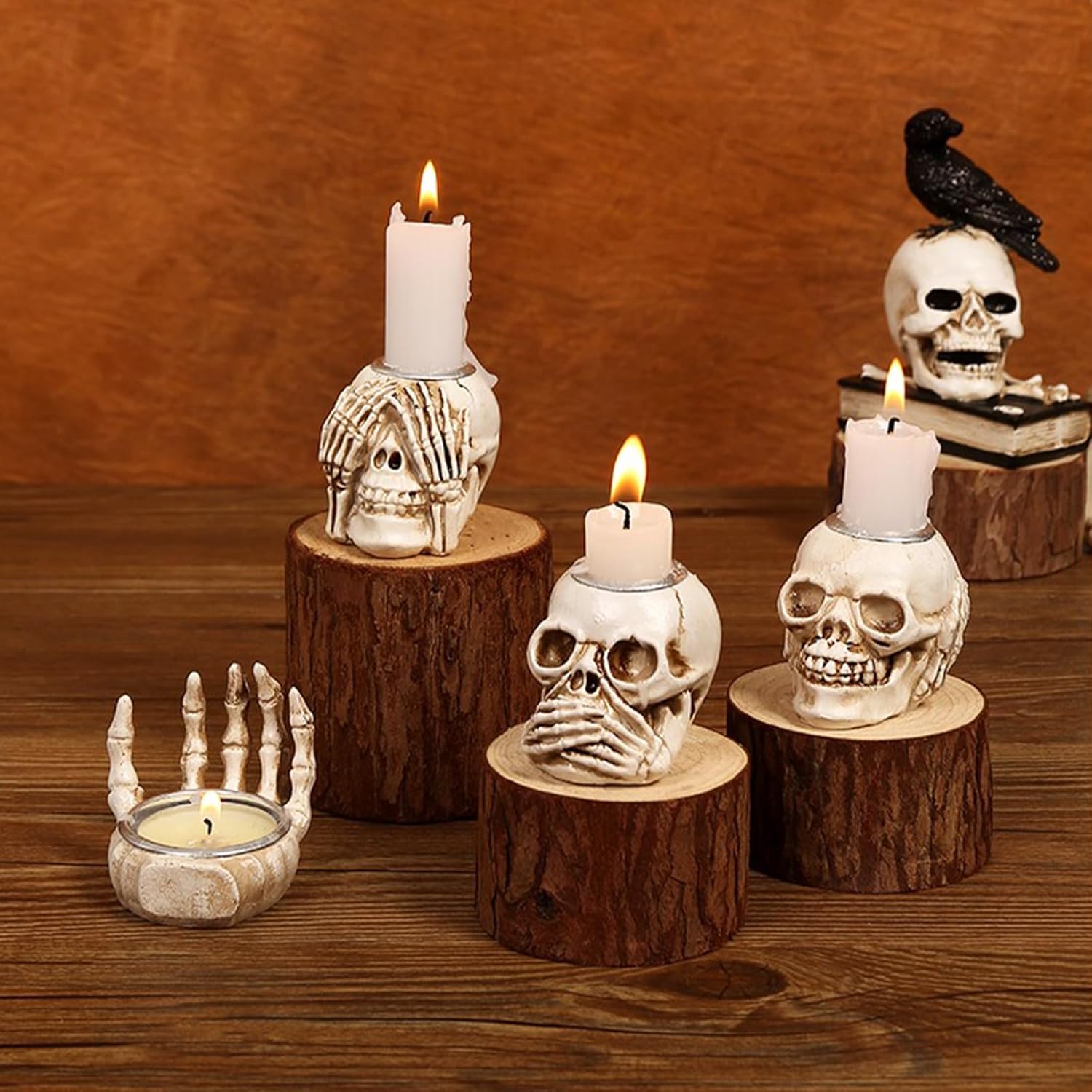 Whaline 4 portavelas de Halloween, diseño de esqueleto gótico, calavera de palma, candelabro, portavelas de resina para el hogar, mesa, temática