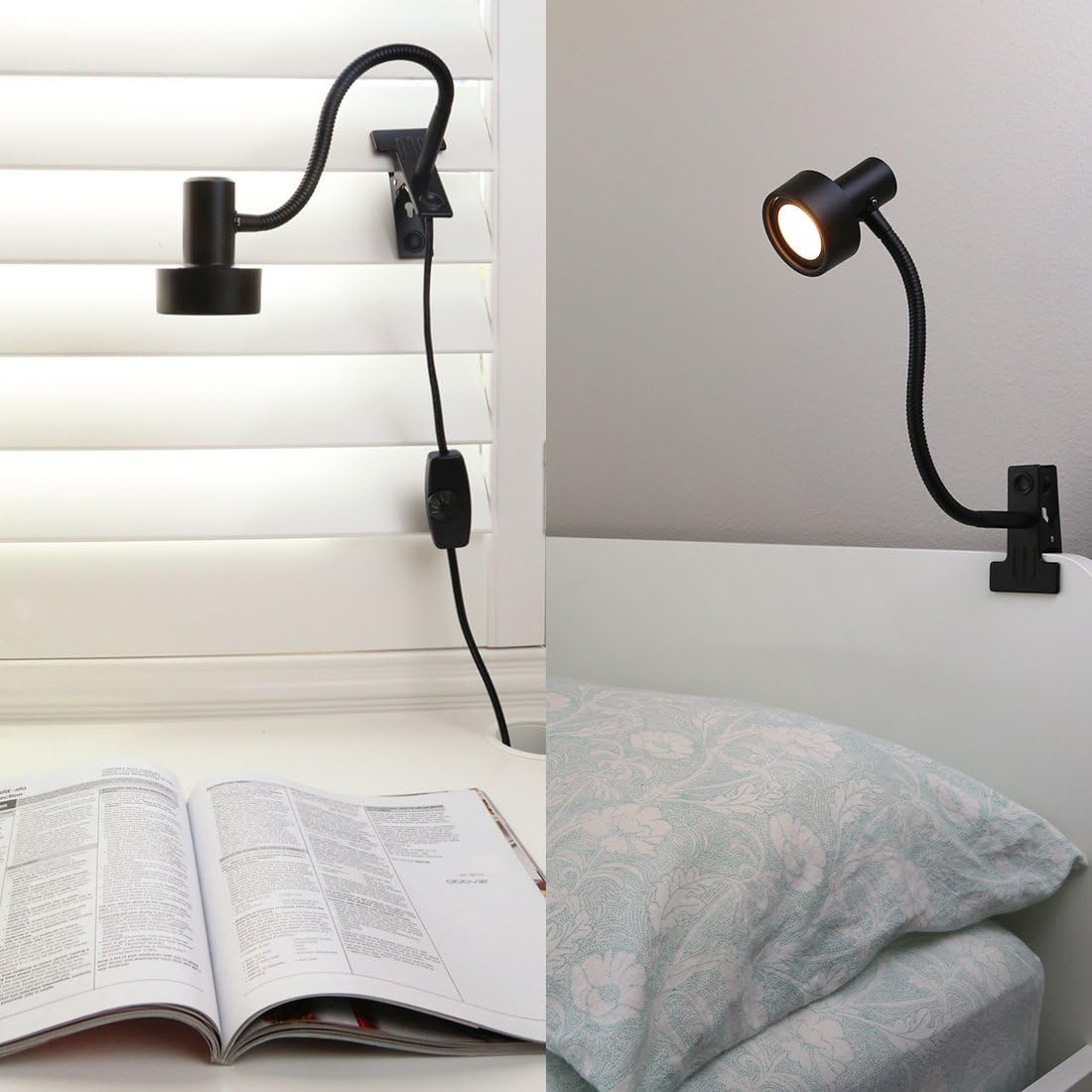 O’Bright Luz LED con clip para cabecera de camaescritorio, lámpara de escritorio LED regulable con abrazadera de metal, LED de 5 W, cuello de cisne