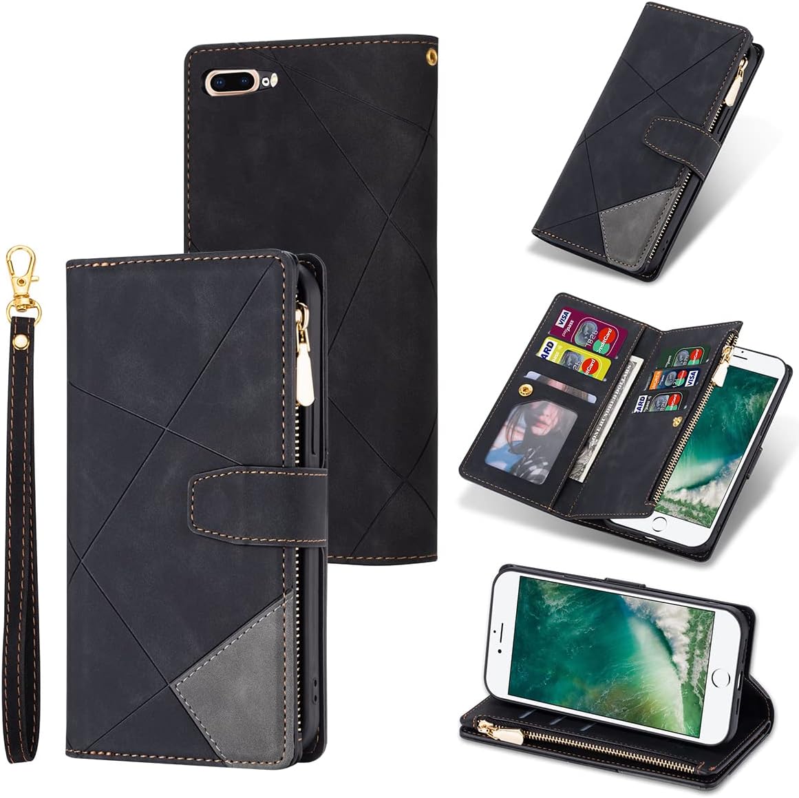 UEEBAI Funda tipo cartera para iPhone 7 Plus iPhone 8 Plus, funda vintage de piel sintética de alta calidad con ranuras para tarjetas, cierre