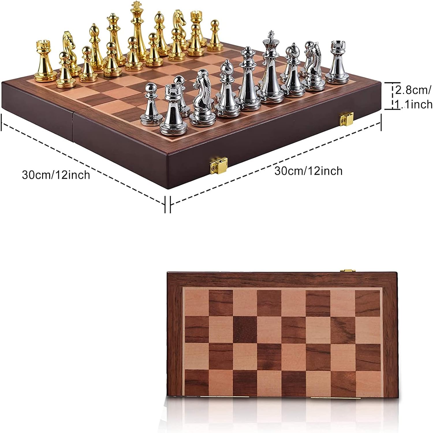 Juego de ajedrez de metal para adultos y niños, tablero de ajedrez de lujo de 12 pulgadas con piezas de ajedrez, juego de ajedrez de madera de viaje