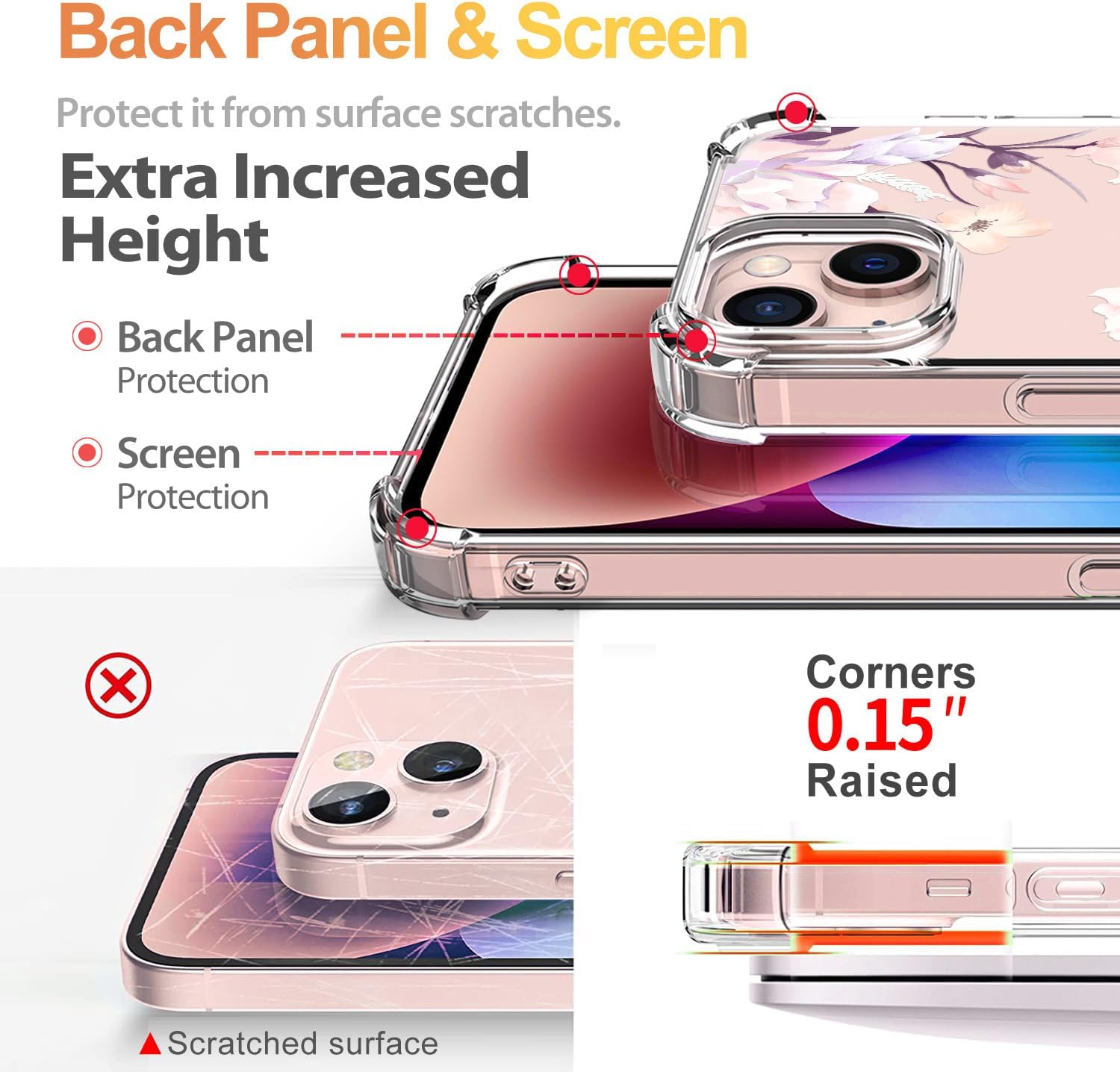 YOYORI Funda compatible con iPhone 15 con protector de pantalla, diseño de patrón de flores, funda transparente floral para mujer, a prueba de