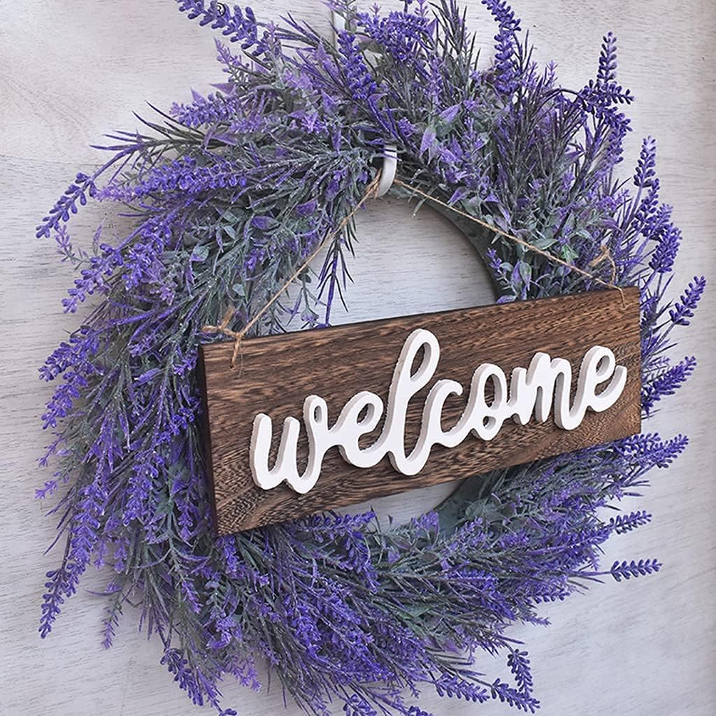 Corona de lavanda con letrero de bienvenida para puerta delantera, corona floral, guirnalda de bienvenida para decoración de bodas y fiestas