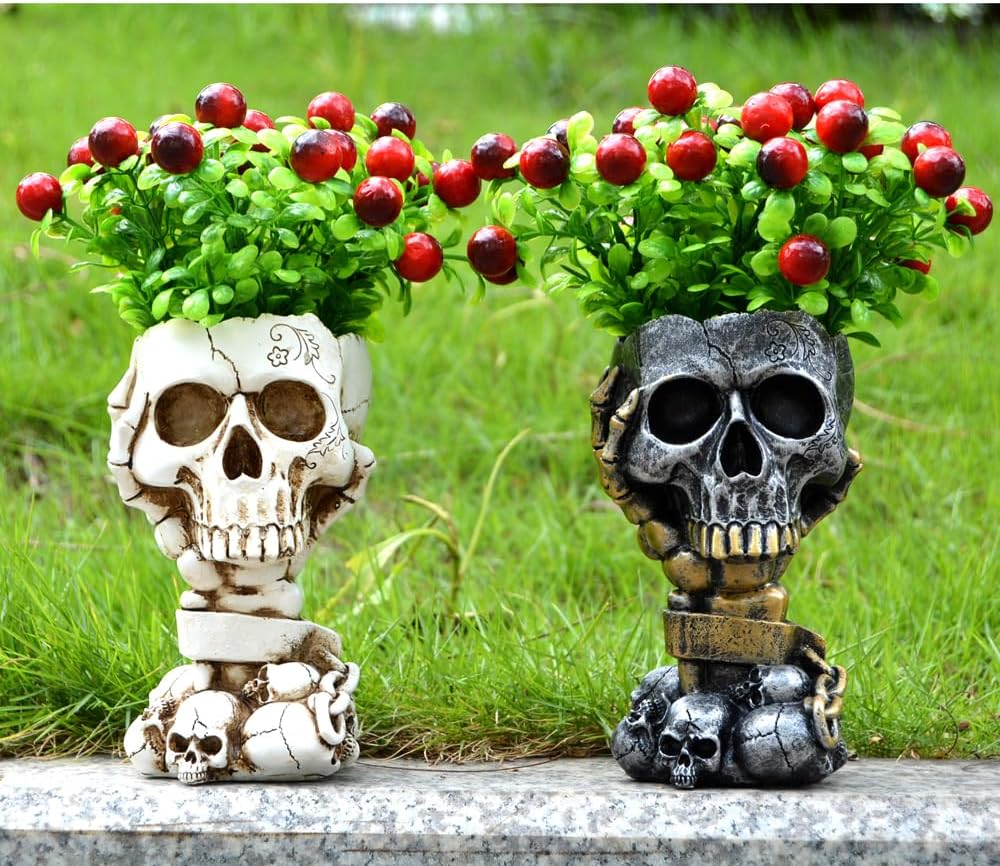 Jarrón de Halloween, maceta de calavera, maceta de Halloween, maceta de calavera, macetas góticas, decoración de calavera, macetas del día de los