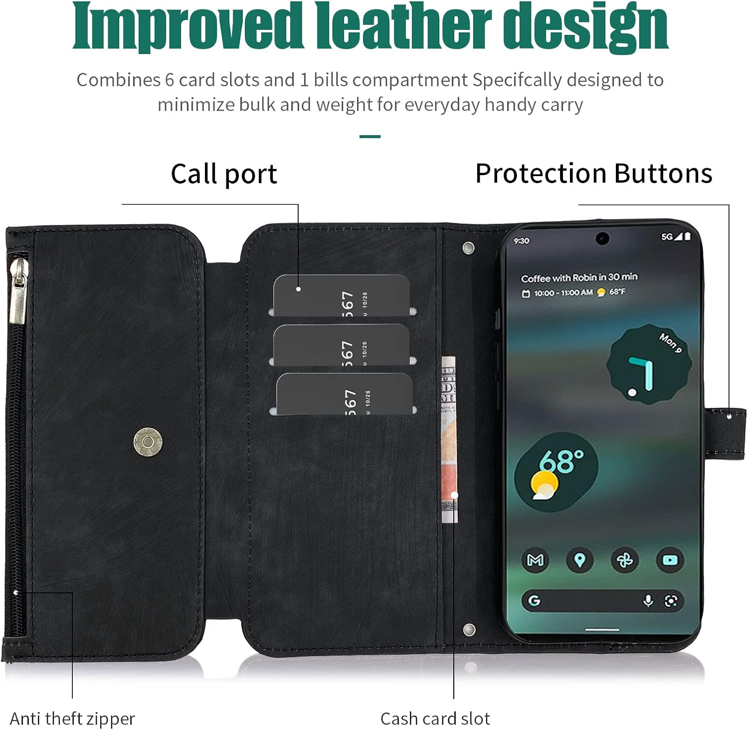 Furiet Funda tipo cartera compatible con Google Pixel 6A 5G 2022 con 9 ranuras para tarjetas, de cuero retro, tarjetero con tapa para tarjetas de