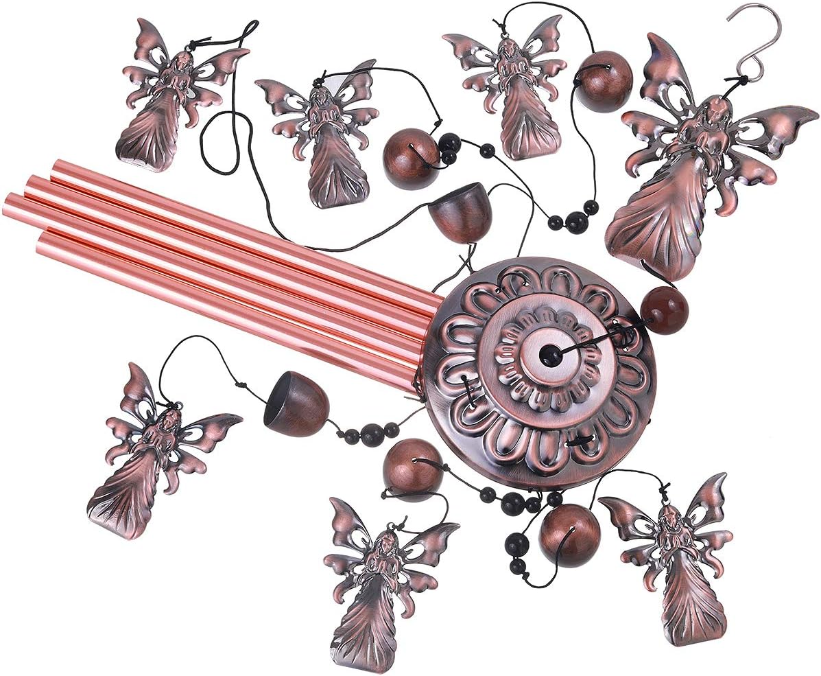 Campanillas de viento de ángel de jardín de 36 pulgadas para decoración interior y exterior, con 4 tubos de aluminio, 6 campanas, 7 ángeles,