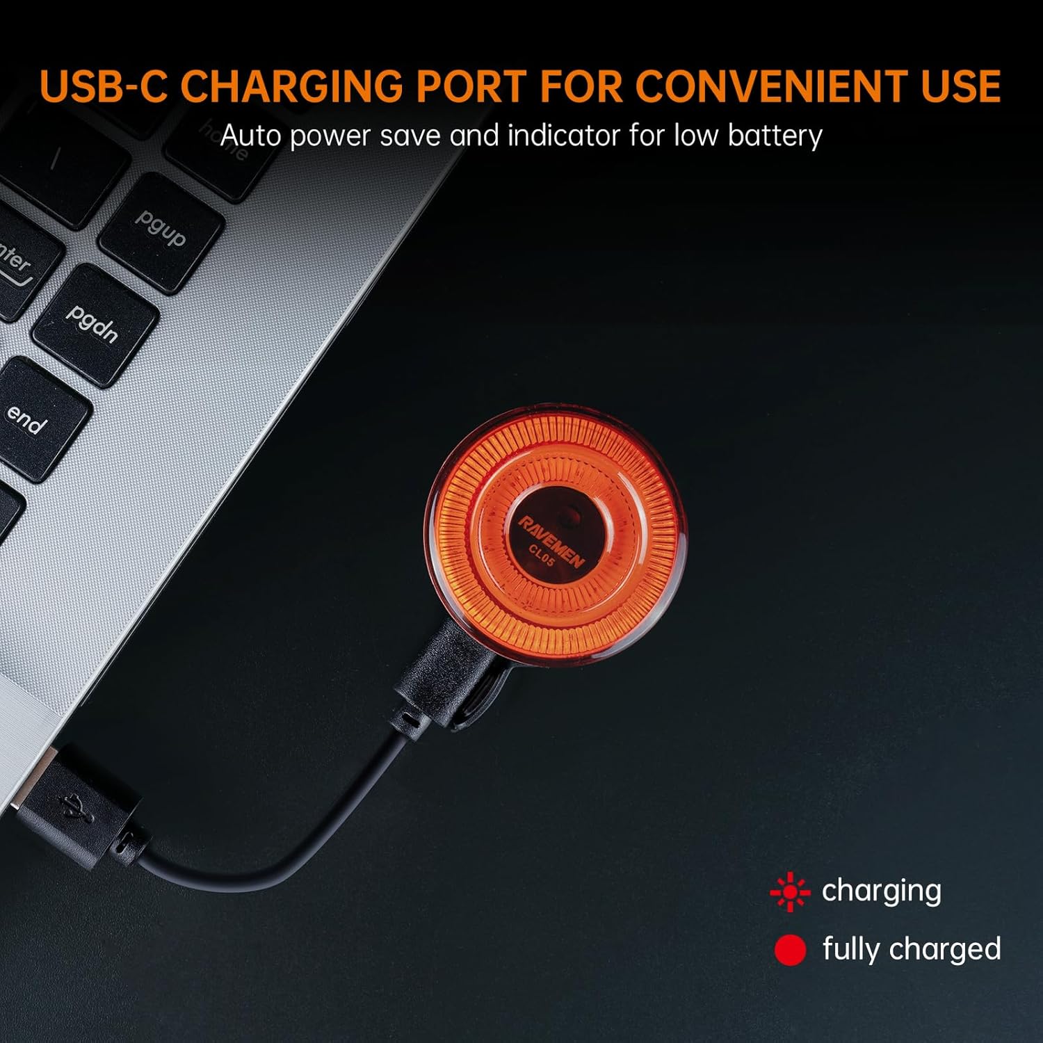 RAVEMEN Luz trasera para bicicleta, 30 lúmenes recargable USB C luz trasera en modo intermitente de advertencia con sensor de luz, IPX6 impermeable