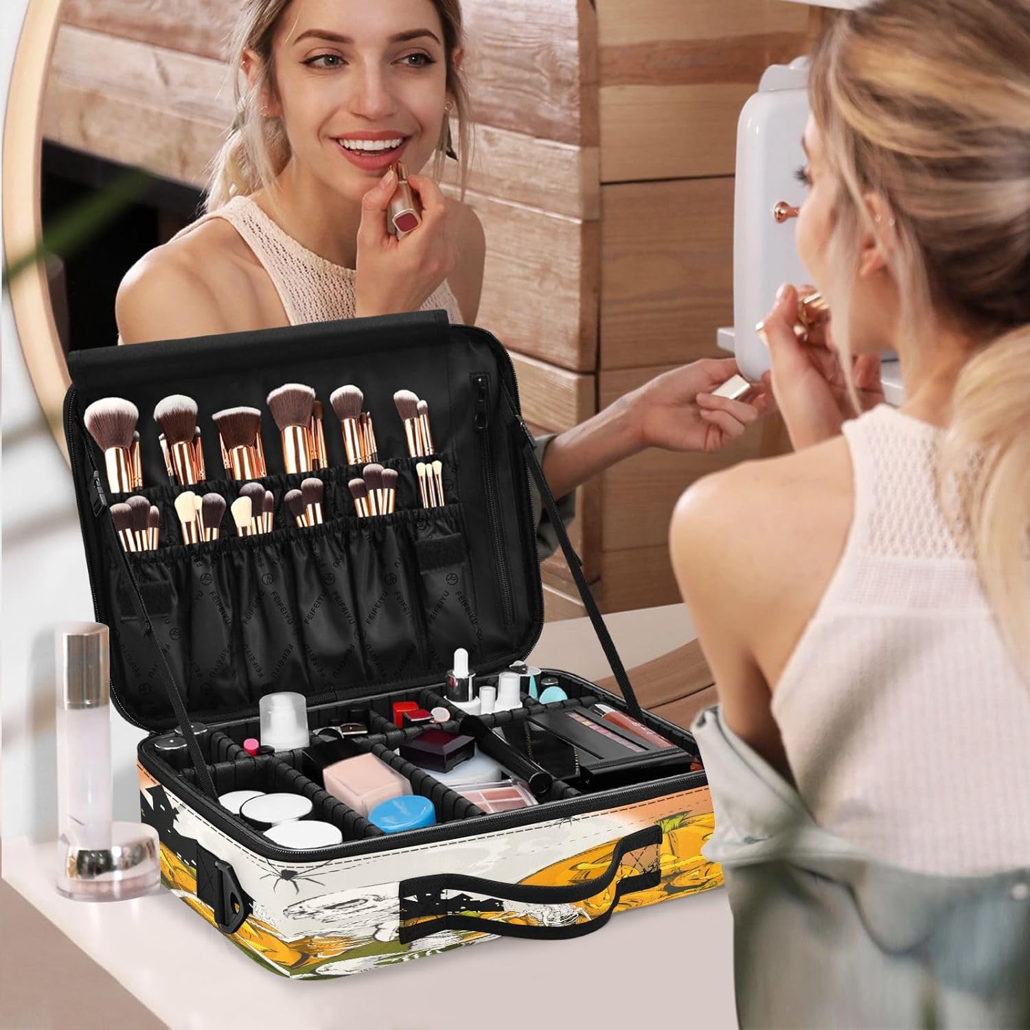 Skeleton Pumpkins Spiders Happy Halloween cosmetic bag makeup case travel size toiletries bag with compartments cute makeup bag cosmetiquera de