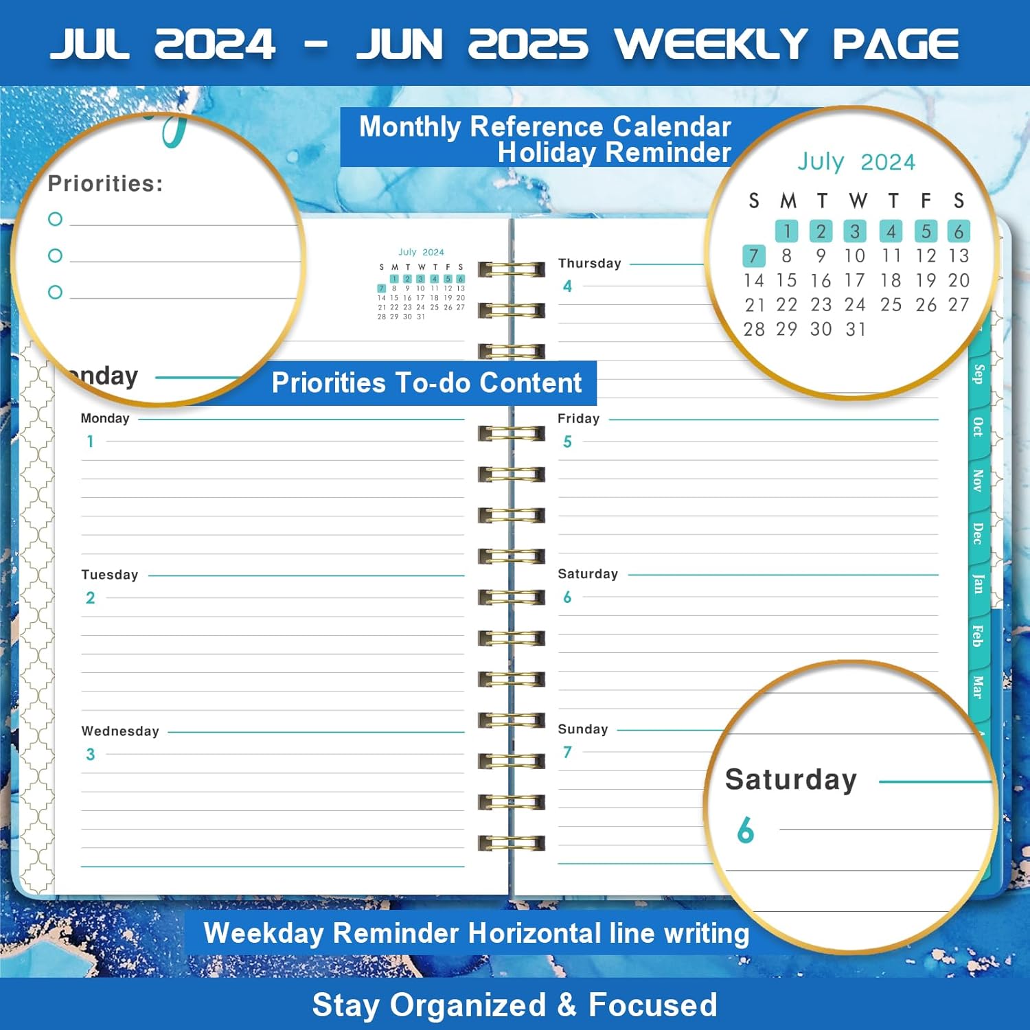 Agenda 2024-2025 – Agenda 2024-2025, 8.5 x 6.4 pulgadas, julio 2024 a junio 2025, agenda diaria, semanal y mensual 2024-2025 con cierre elástico