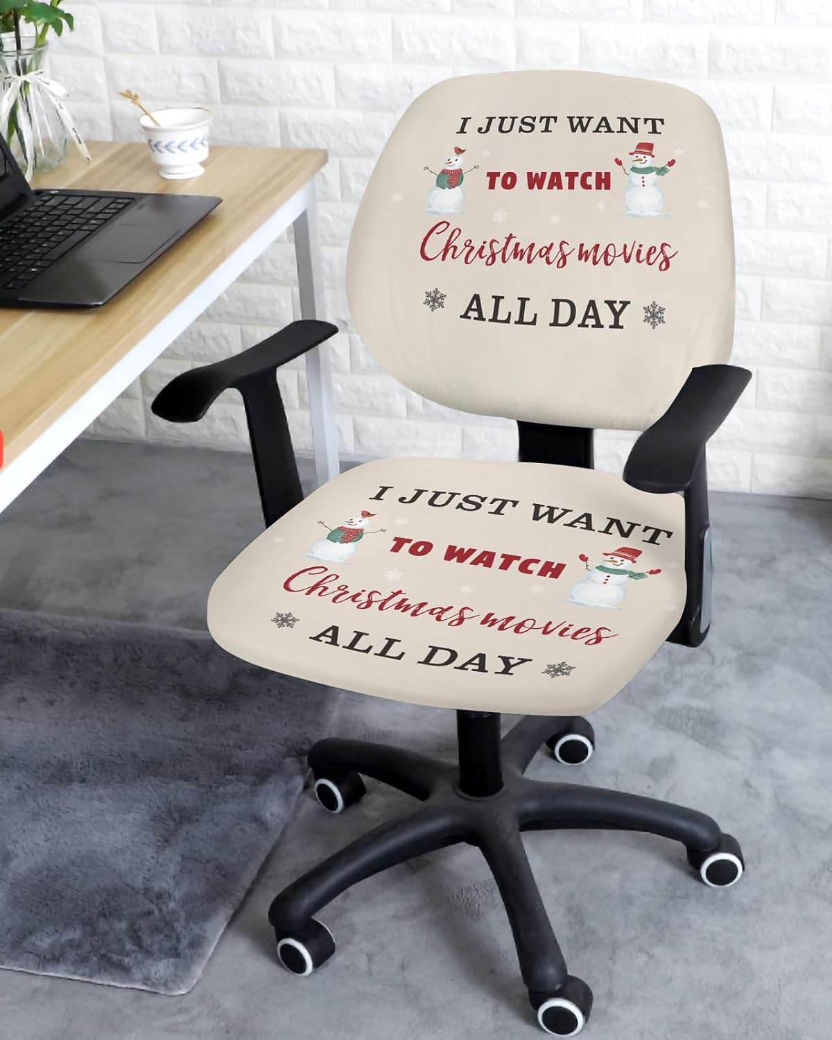 Savannan Computer Office Chair Covers,I Just Want to Watch Christmas Movies All Day Snowman Snowflake Beige Stretchable Universal Chair Cover