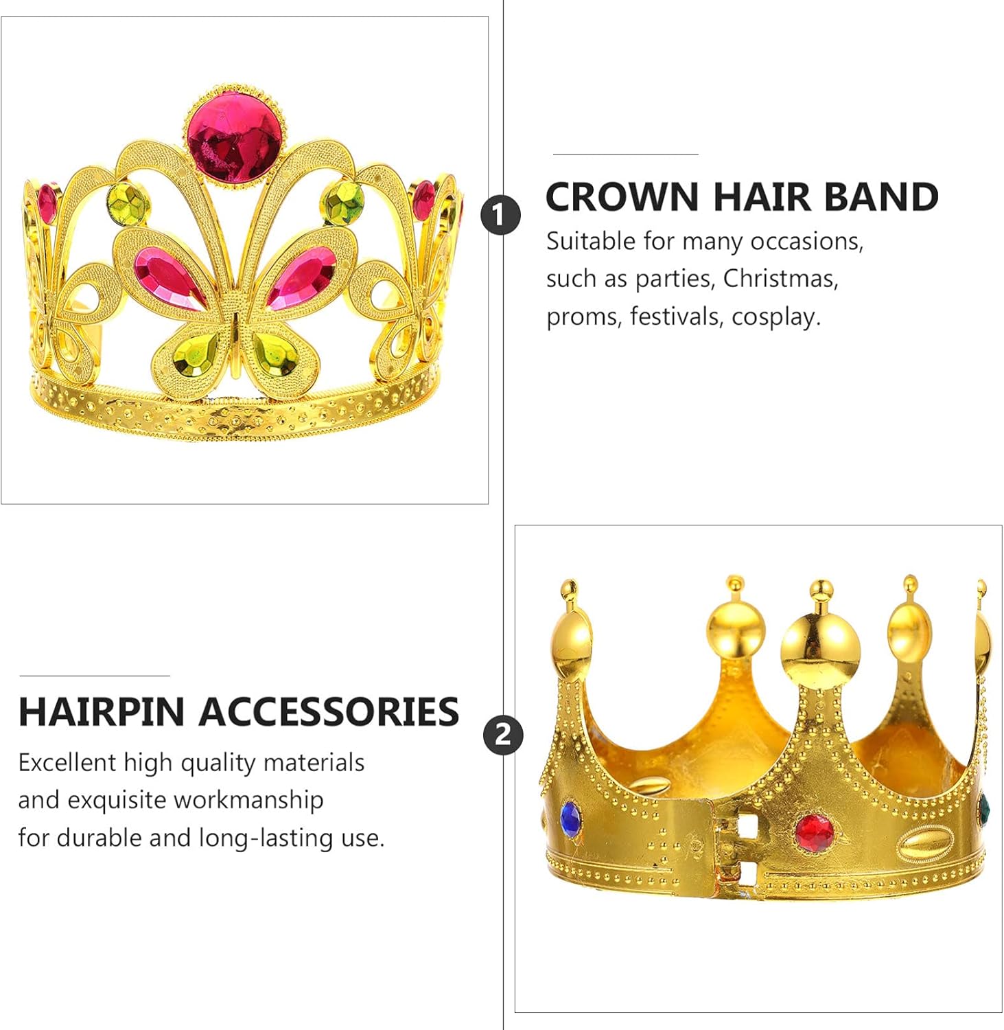 Ipetboom Juego de 4 coronas, corona de oro con diamantes de imitación, corona de rey y reina, corona de cumpleaños para fiesta, accesorios de