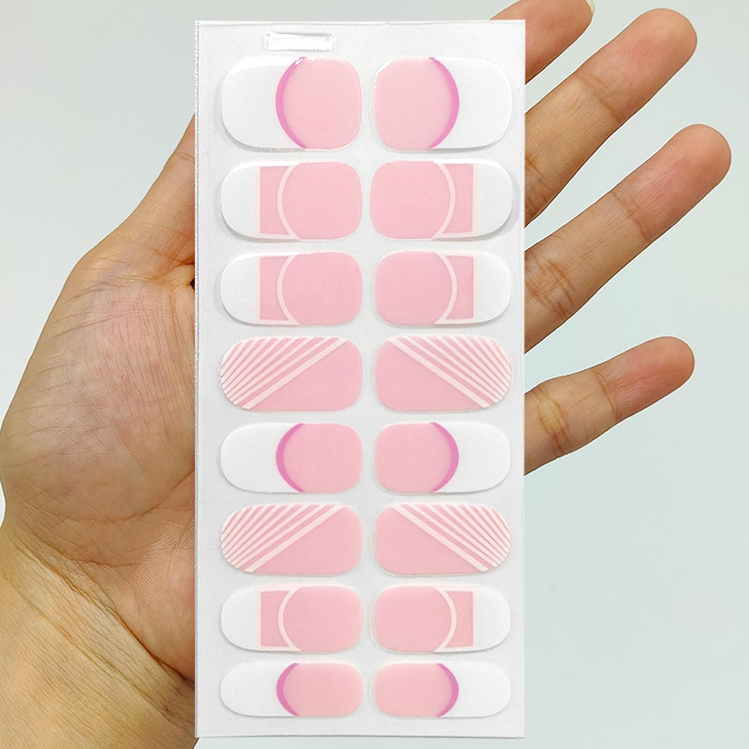 YOSOMK Calcomanías de uñas de gel para mujer, tiras de uñas francesas rosa y blanco, sin rayos UV, 16 envolturas de uñas con patrón de línea blanca,