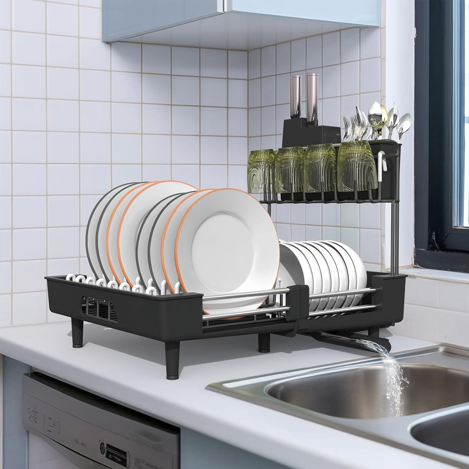 Ollieroo Escurridor de platos, resistente al óxido para encimera de cocina con soporte extraíble para utensilios, ranuras para cuchillos y soporte