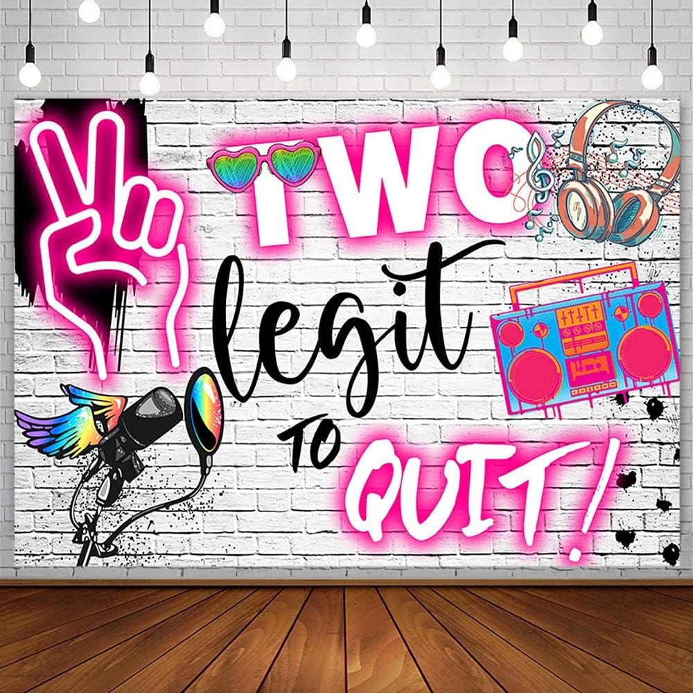 SENDY Two Legit to Quit – Telón de fondo de segundo cumpleaños para niña, decoraciones de fiesta de hip hop, luces de neón rosas, graffiti, pared de