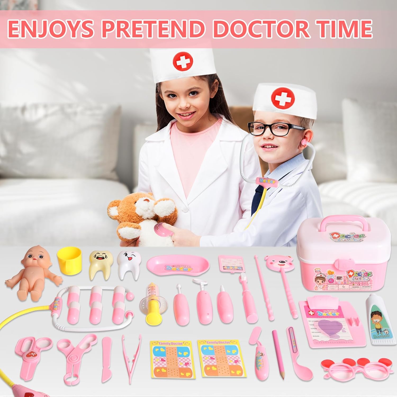 Kit de médico para niños, 40 piezas de juguetes de simulación, juego de médico rosa para niños con disfraz de médico, regalo de juego de doctor para