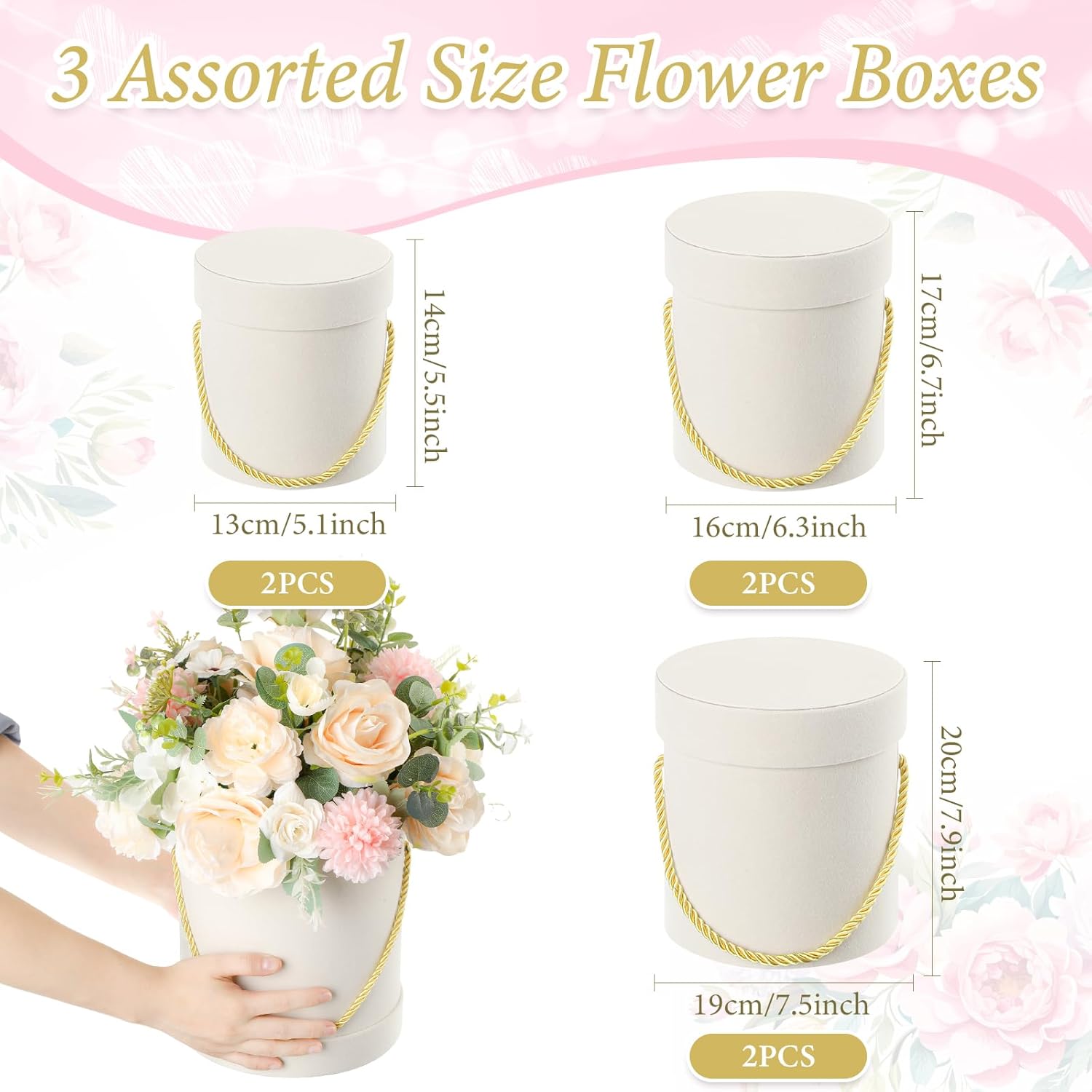 Uiifan 6 cajas redondas de terciopelo con tapas, caja de regalo de terciopelo de San Valentín con asa para arreglos de regalo de flores de lujo,