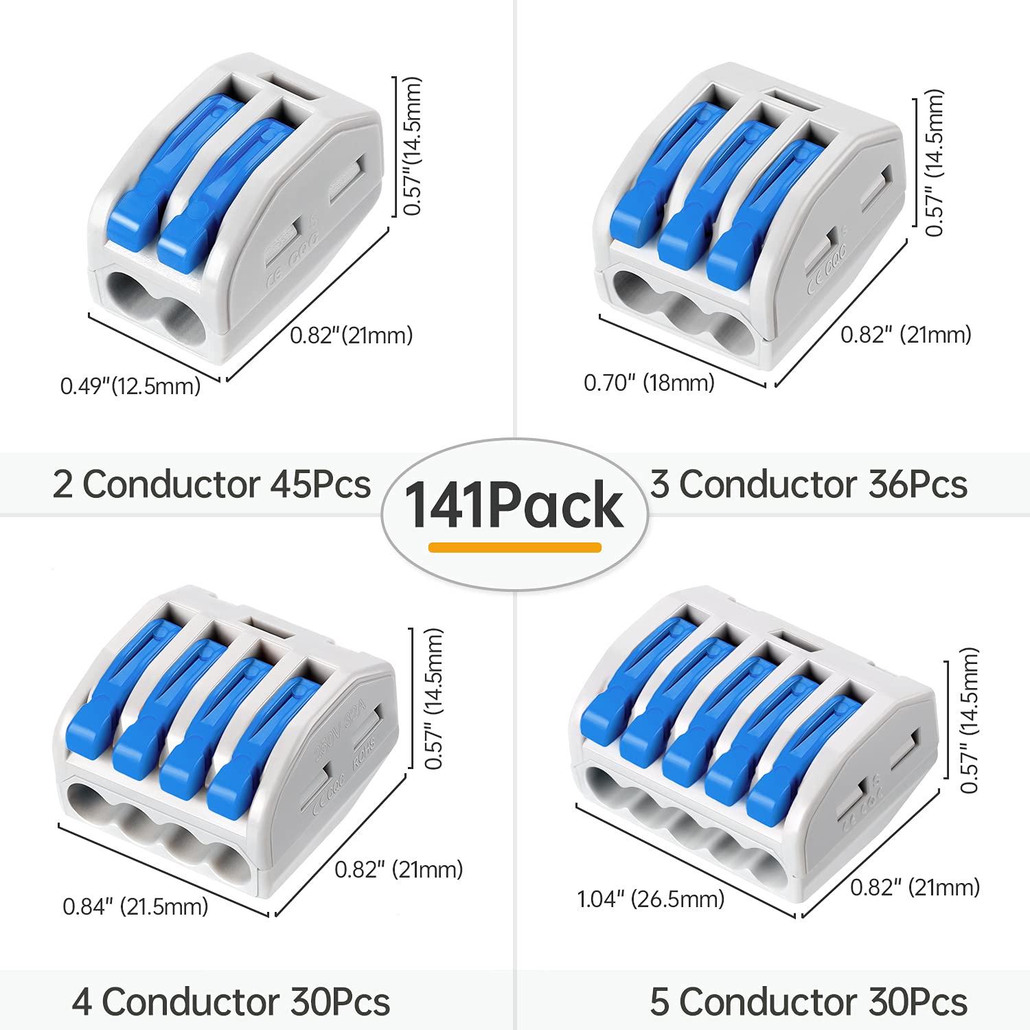 GKEEMARS 141 conectores de cable de palanca, conector conductor de empalme compacto para cables flexibles de trenzado sólido 28-12 AWG (azul)