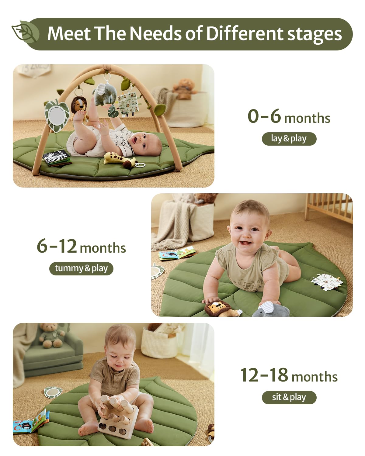 Blissful Diary Tapete de gimnasio y actividades para bebés, tapete de juego para bebés en forma de hoja de gran tamaño con 6 juguetes desmontables,
