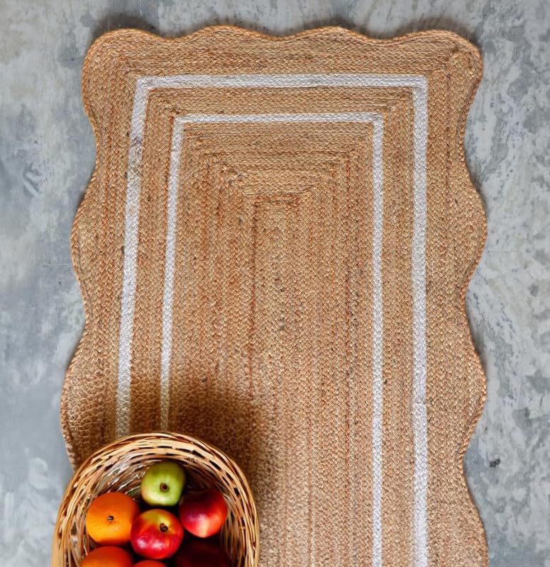 Alfombra de yute festoneado natural para entrada, alfombra trenzada de yute para cocina, alfombra reversible de yute para interiores y exteriores,
