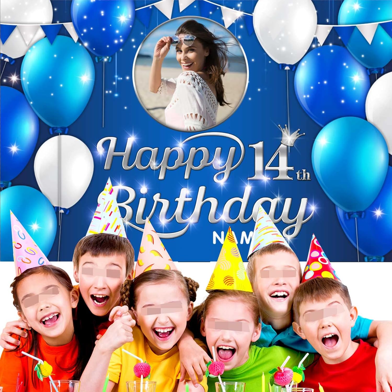 Cartel decorativo de feliz cumpleaños número 14, azul marino, personalizado con fotos y nombres