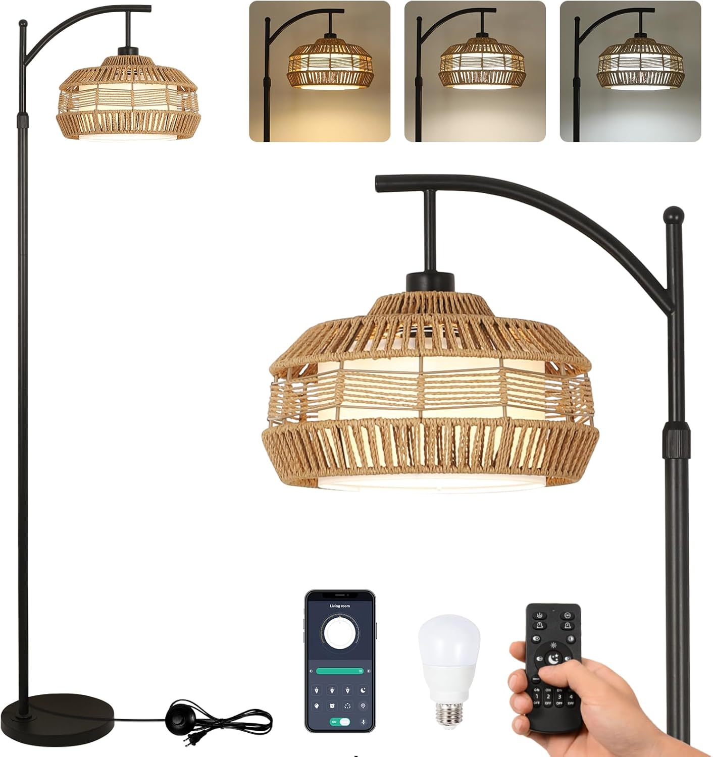 Lámparas de pie de arco para sala de estar, lámpara de pie de ratán negro con control remoto, bombilla inteligente, lámpara de pie bohemia regulable