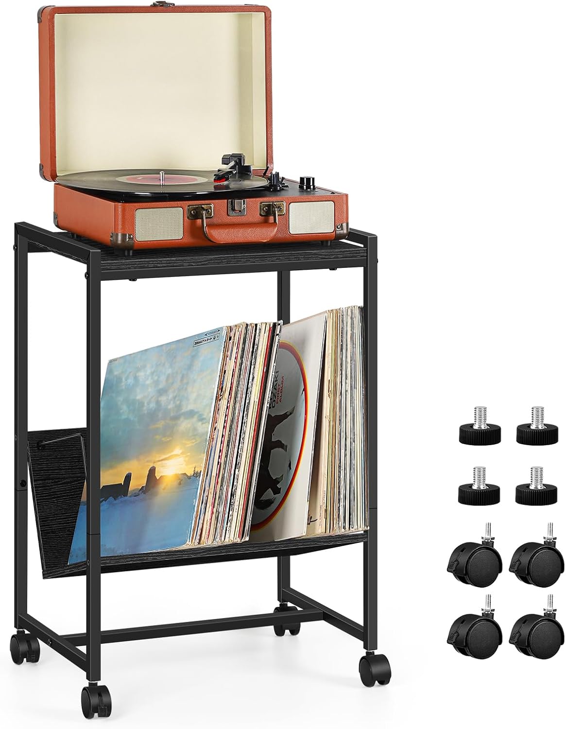 Mesa de tocadiscos, soporte para tocadiscos de 2 niveles con 3 divisores de liberación rápida, soporte para discos de vinilo con 4 ruedas, soporte