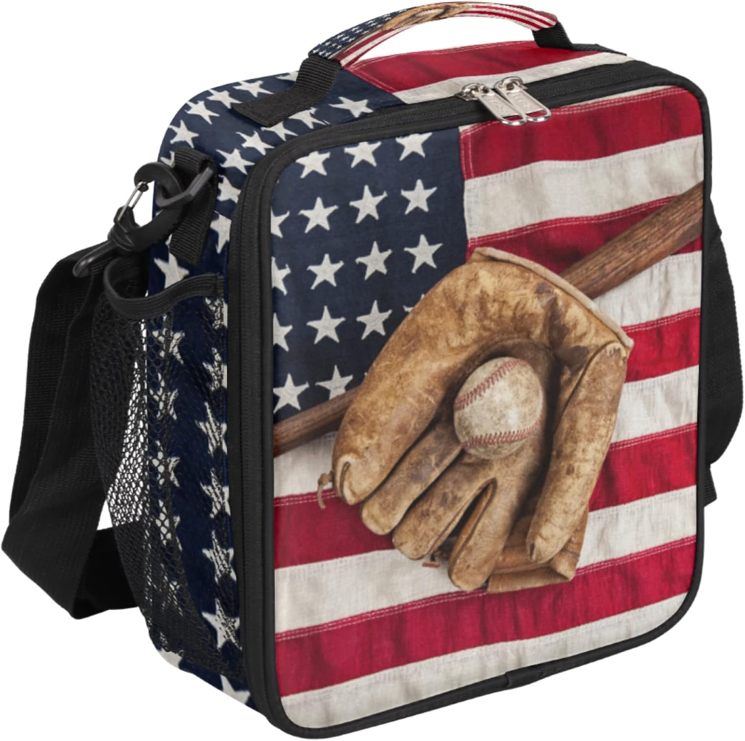 Lonchera con aislamiento de béisbol vintage, bolsas de almuerzo para niños, bolsa de almuerzo reutilizable con bandera estadounidense de béisbol,