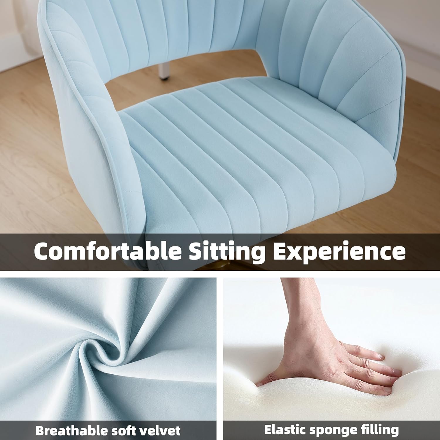 Westice Sillas de escritorio de oficina en casa, moderna silla rodante de terciopelo, silla giratoria de altura ajustable con base dorada, silla