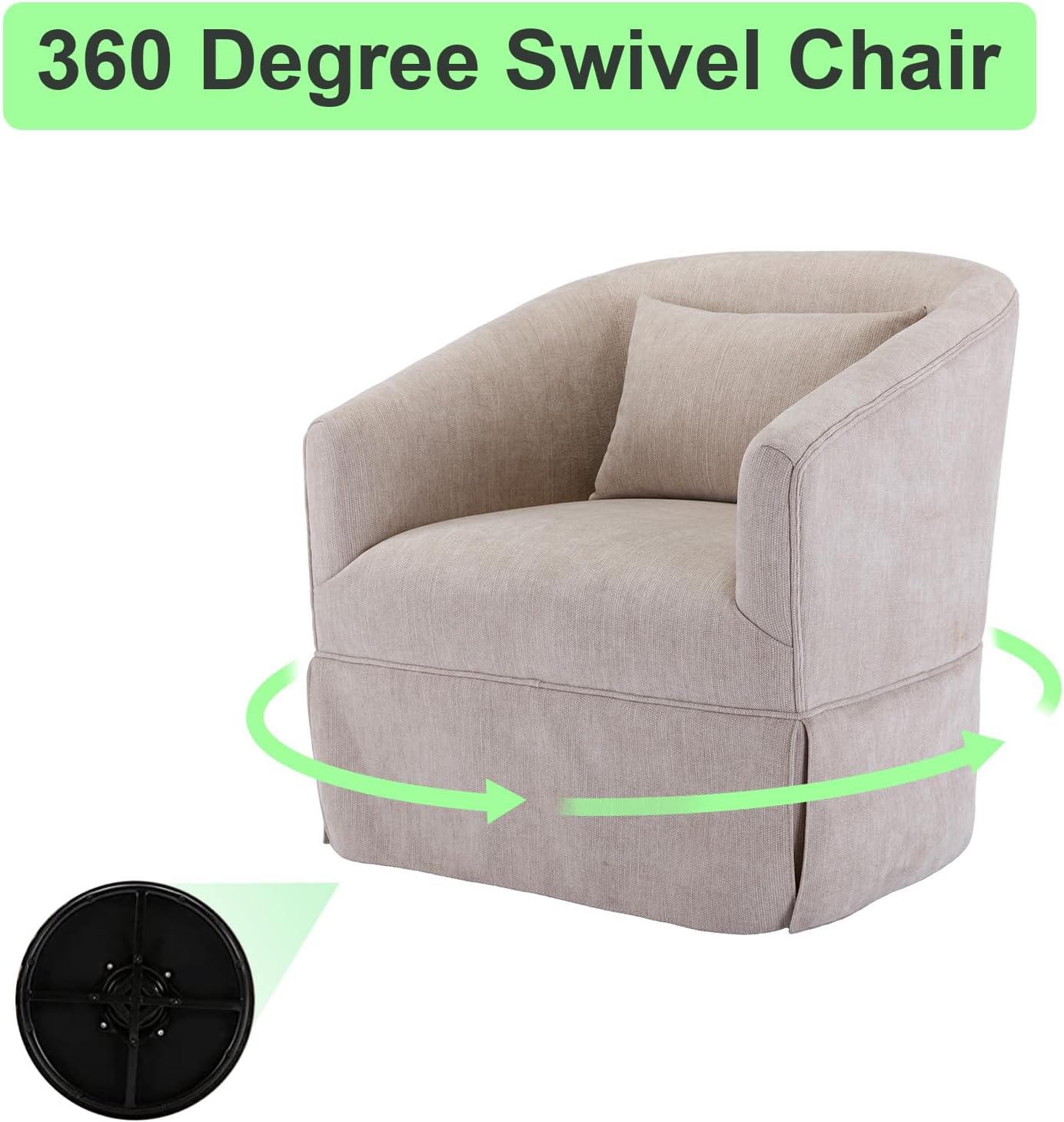 ODUWA Sillón giratorio con acento, tapizado de lino de 360 grados con falda, moderno y cómodo sillón redondo con base de metal y 1 almohada para