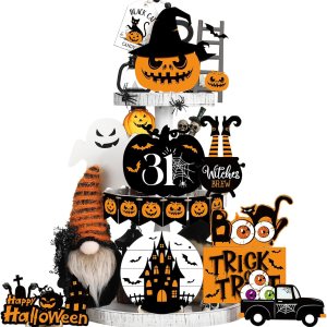 Geetery Juego de 18 piezas de decoración de Halloween para bandejas escalonadas de Halloween, letrero de madera, lindo gnomo de felpa, calabaza, Geetery Juego de 18 piezas de decoración de Halloween para bandejas escalonadas de Halloween, letrero de madera, lindo gnomo de felpa, calabaza,