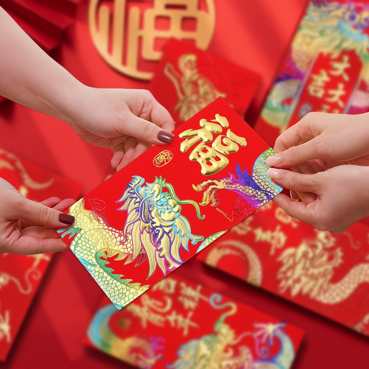 UPINS Sobres rojos de año nuevo chino 2024, 48 sobres rojos de dinero de la suerte Hong Bao con estampado de dragón lunar en relieve para decoración
