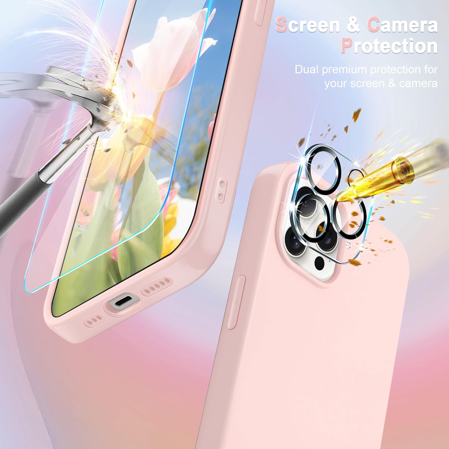 ACOSTETE Funda para iPhone 15 Pro Max, con protector de pantalla + protector de lente de cámara goma de silicona líquida a prueba de golpes forro de