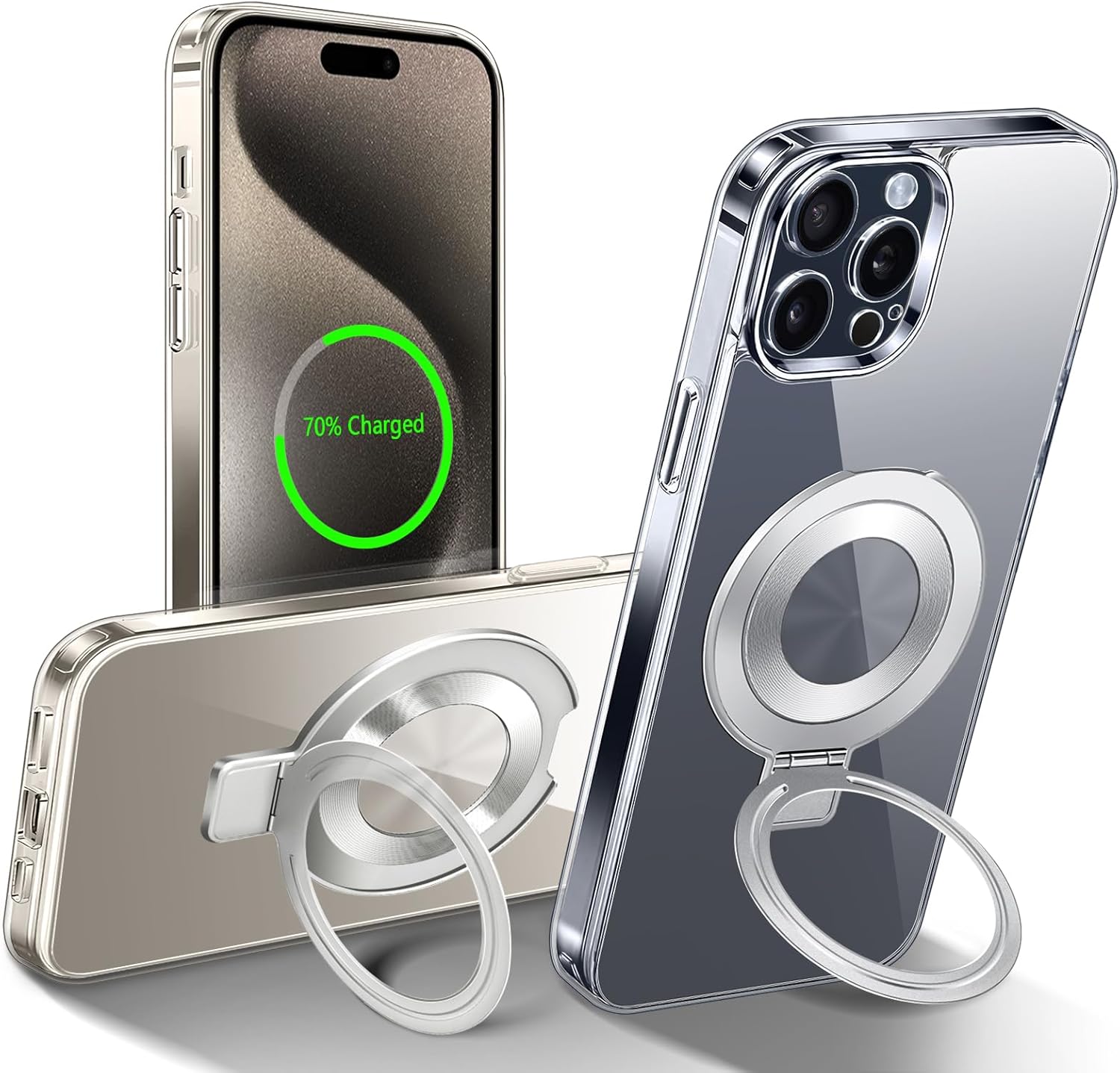 Funda transparente para iPhone 15 Pro Max con soporte de anillo magnético invisible, compatible con MagSafe, protección contra caídas de grado