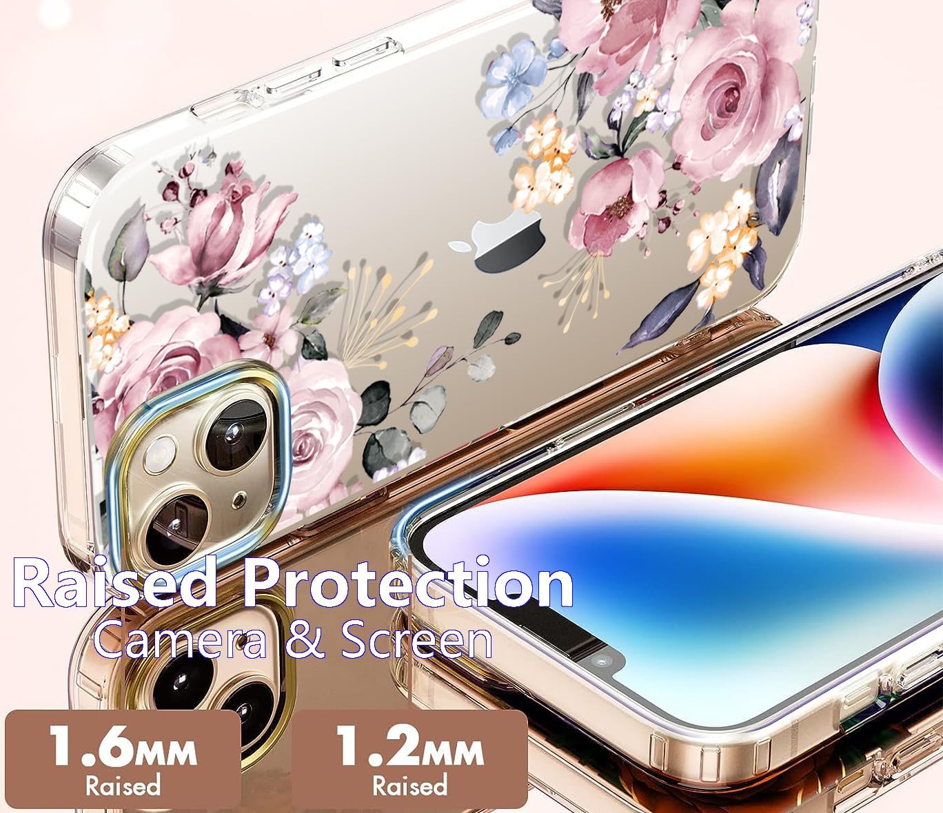luolnh Funda compatible con iPhone 15 Plus, para mujeres y niñas, a prueba de golpes, transparente, patrón floral, carcasa trasera dura para iPhone