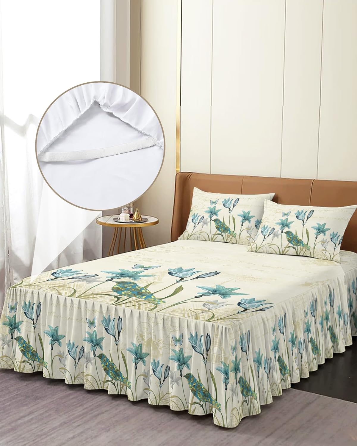 Faldas de cama plisadas envolventes florales de primavera para cama individual de 39 x 75 pulgadas, tulipán verde azulado, flor de verano, vintage,