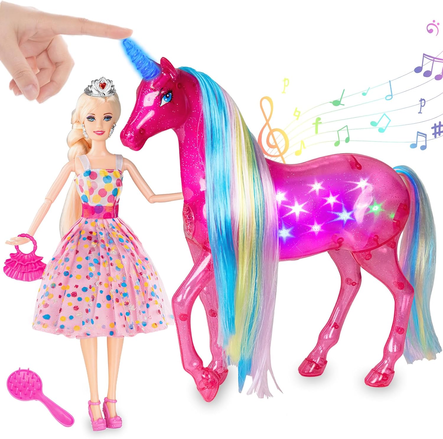 BETTINA Juego de muñecas grandes de unicornio y princesa con luces y sonidos, juguetes mágicos de unicornio, muñecas de 11.5 pulgadas, juego de