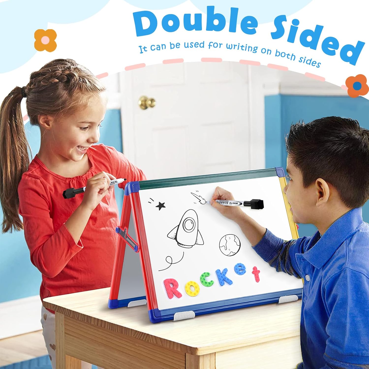 SWANCROWN – Pizarra blanca portátil de borrado en seco para niños, pizarra blanca magnética portátil de 16 x 12 pulgadas, caballete de arte de doble