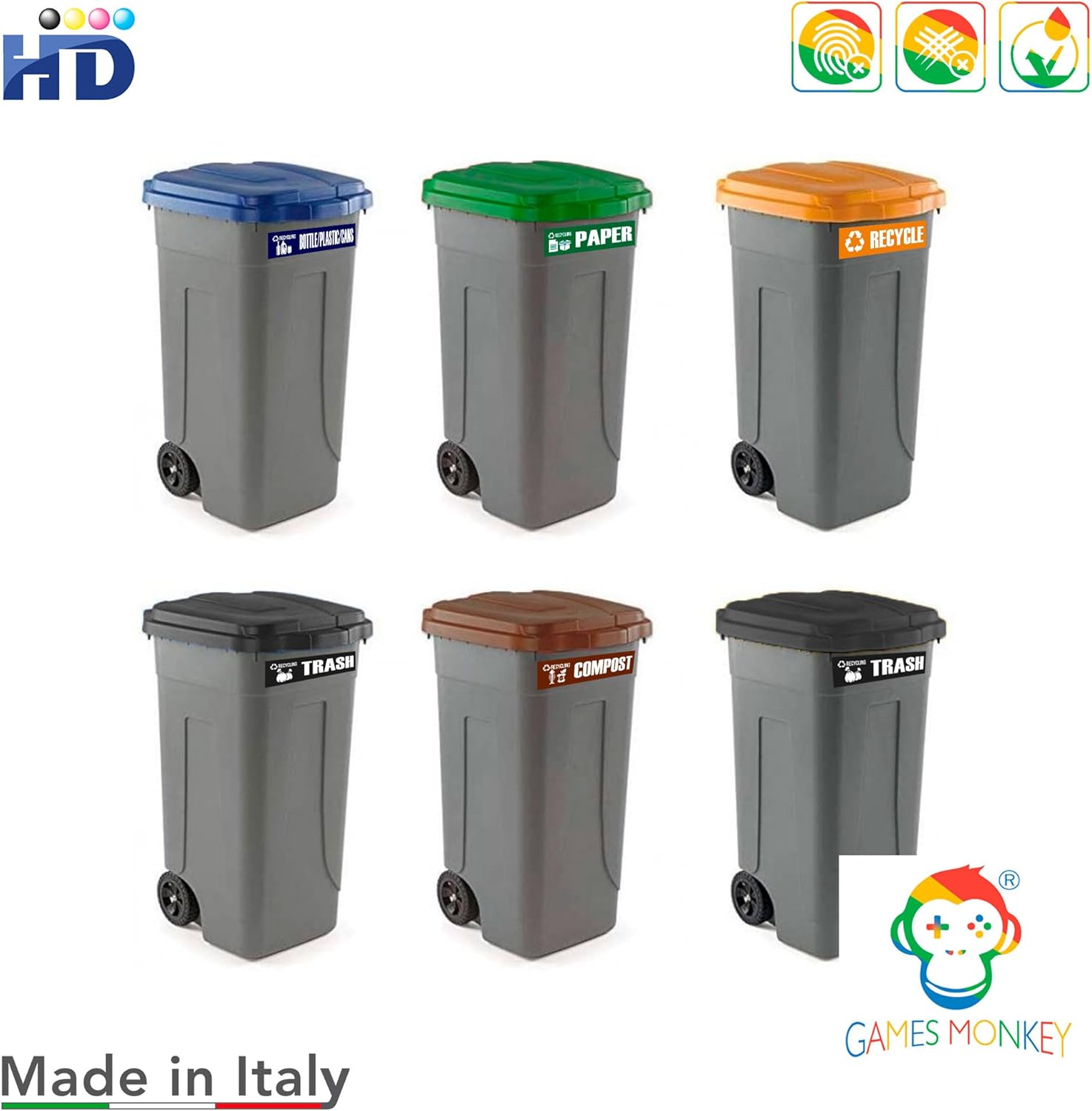 GamesMonkey – Adhesivos de reciclaje para basura, latas de basura de plástico, abono, vidrio y metal, paquete de 6 adhesivos, vinilo impermeable,