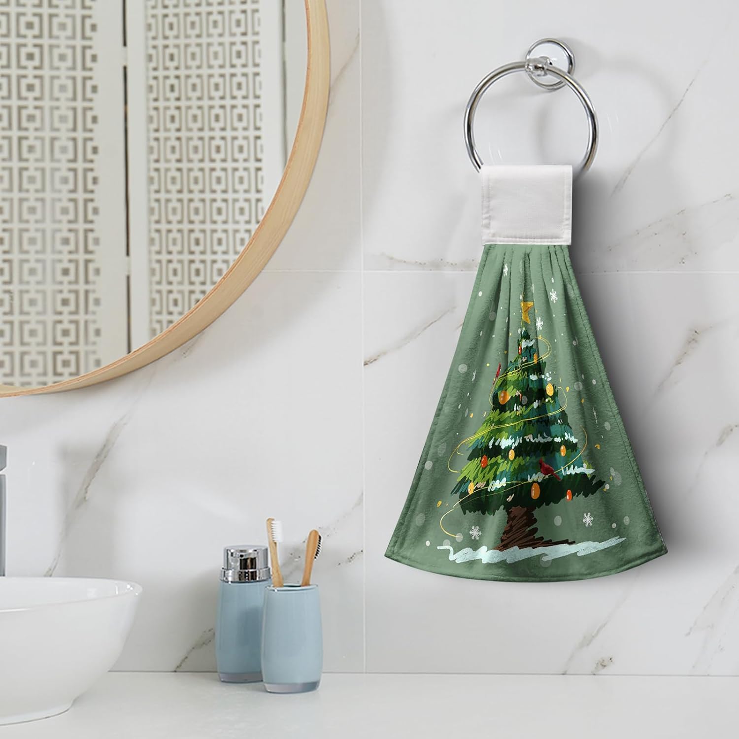 Juego de 2 toallas de cocina colgantes para árbol de Navidad de Navidad, toalla de mano de nieve con lazo para colgar, copos de nieve nevados y