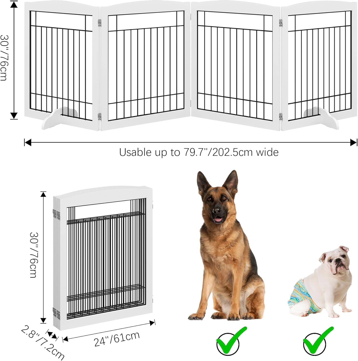 4NM Puerta plegable de madera para perros de 96 pulgadas extra ancha y 30 pulgadas de alto, puerta de alambre independiente para mascotas, puerta de