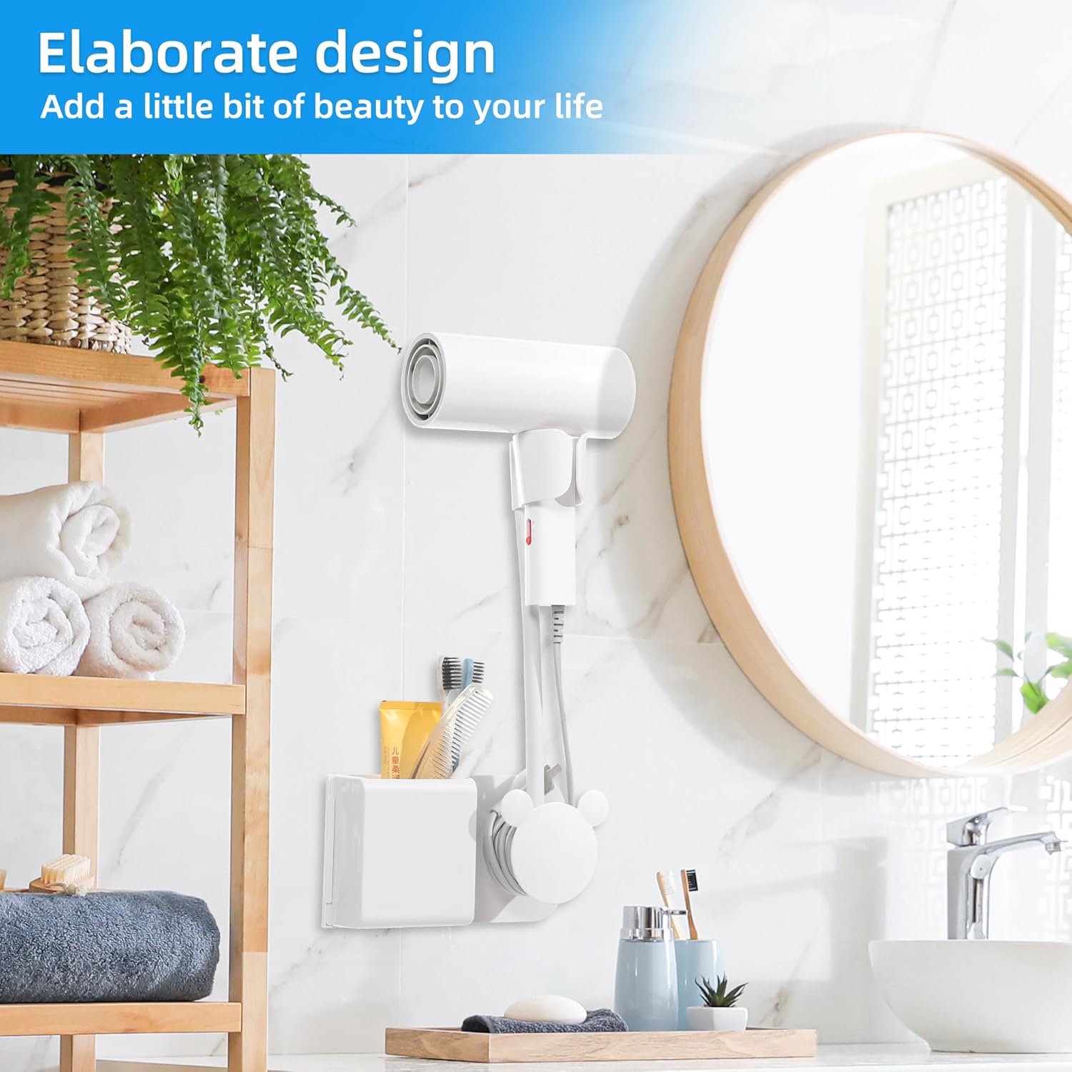 Soporte para secador de pelo manos libres con cualquier ángulo giratorio brazo totalmente posicionable. Soporte de pared para secador de pelo,