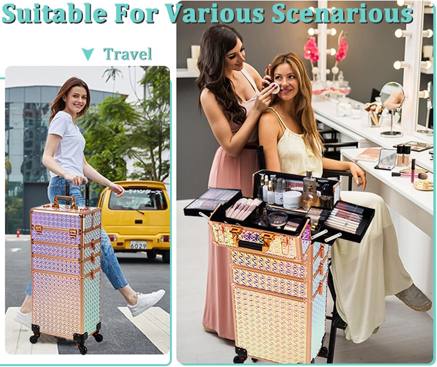 Estuche de maquillaje profesional 5 en 1, estuche de aluminio para cosméticos, estuche de maquillaje con ruedas giratorias de 360 , Con color,