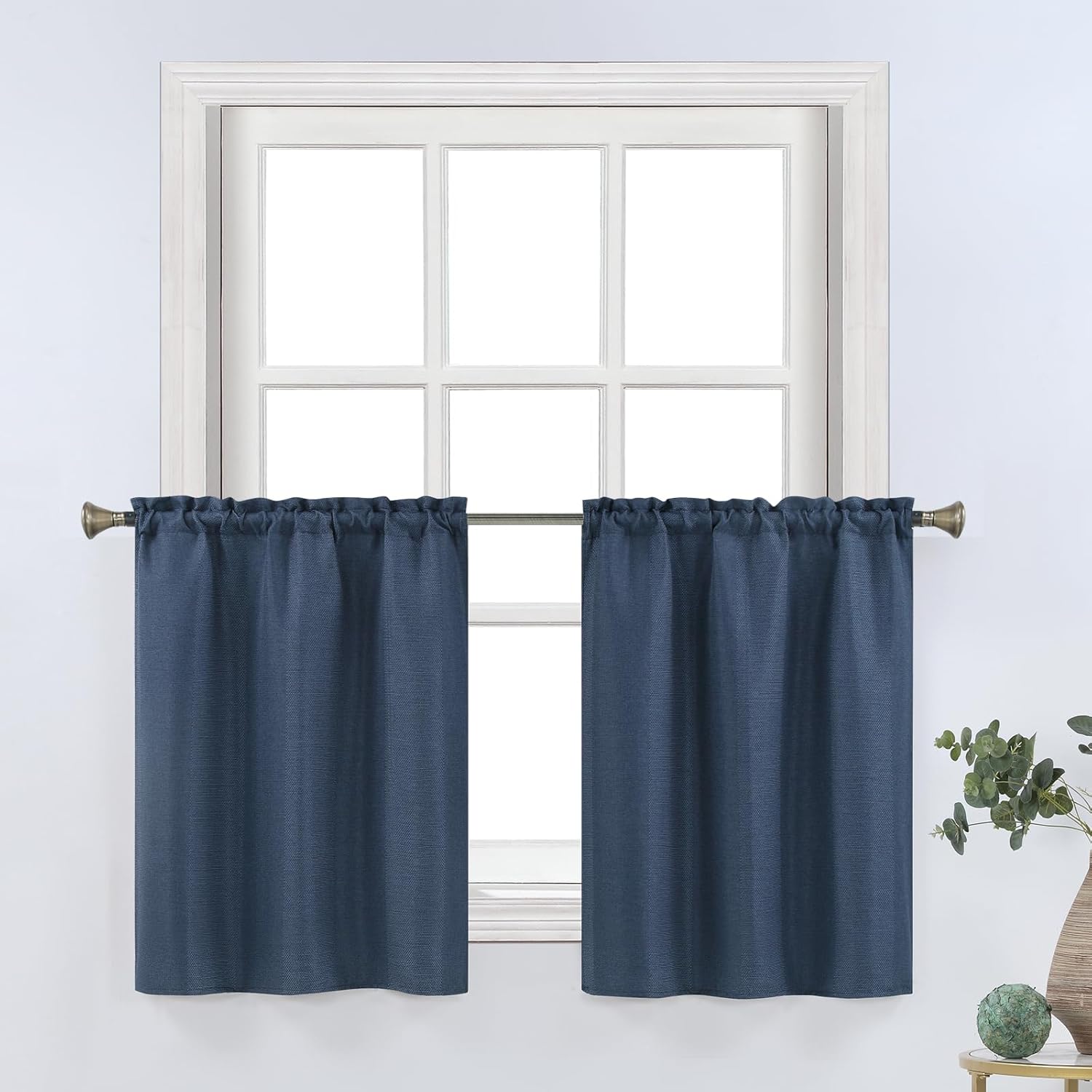Home Queen Cortinas azules de cocina para ventana pequeña, cortinas de lino texturizado con bolsillo para barra, cortinas de café para sala de