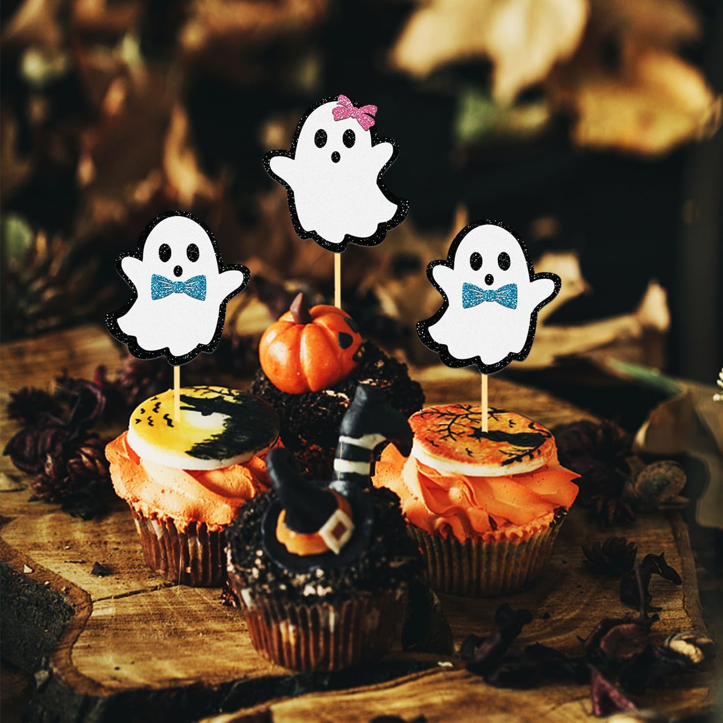 24 piezas de adornos de Halloween para cupcakes fantasmas, palillos de revelación de género para niños y niñas, decoración de pastel de Halloween