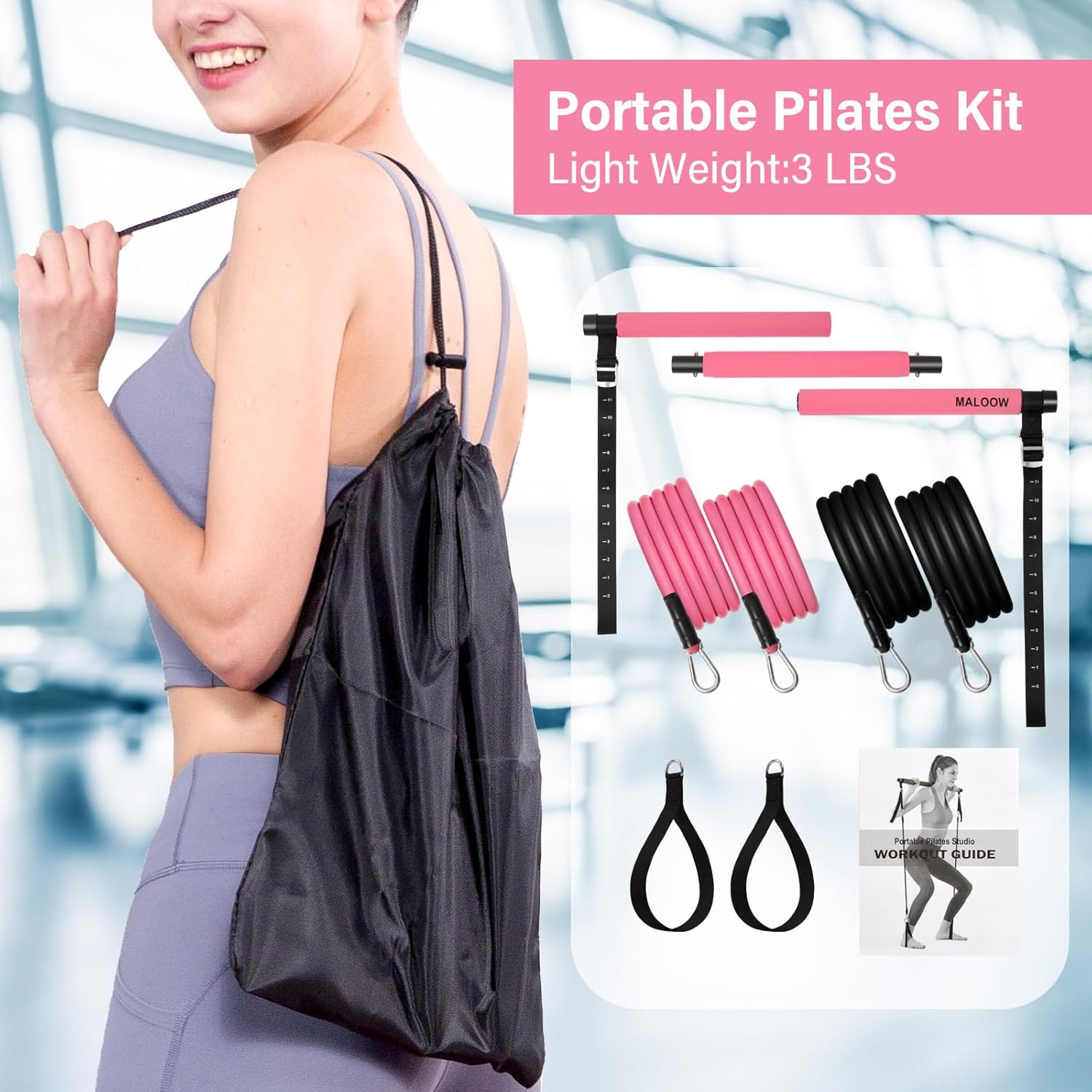 Kit de barra de pilates con bandas de resistencia (2 estándar y 2 fuertes), equipo de entrenamiento de gimnasio en casa para mujeres, barra de